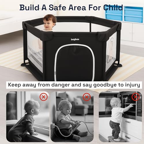 Image of Baybee Neo Kids Playpen for Babies | Baby Activity Playards with Zipper Lock & Corner Protection | Baby Play Area Indoor Setup with Hexagon shape for Extra Space | Outdoor Play Pen for Baby up to 5 Years (Black)