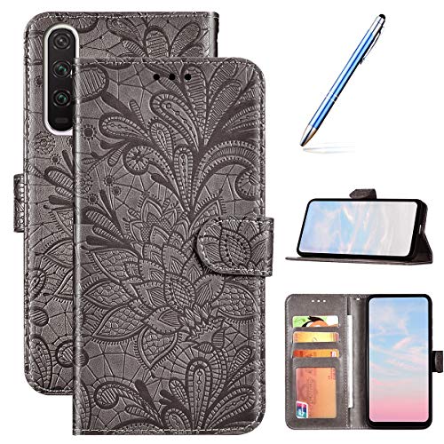 Robinsoni Case Compatible with Huawei Honor 20 Pro Phone Case Wallet Case Leather Phone Cover Shockproof Kickstand Case Notebook Cover Flip Stand Book Style Case Heavy Duty Case Lace Flower Grey
