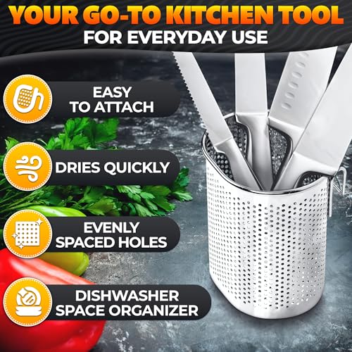 Image of Chopstick Dishwasher Basket 3.5x2.7x3.9 inch - Stainless Steel Chopstick Holder for Dishwasher with Hooks, Oval Design Rust-Resistant Perforated Utensil Caddy for Straws, Teaspoons & Small Kitchen Tools