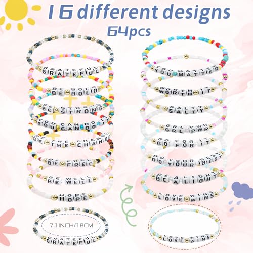 64 pcs Inspirational Beaded Bracelets Bulk Adjustable Colored Motivational Bracelets Friendship Beaded Encouragement Gifts for Women Men Teens Home Office Party Favor Gifts Supplies (beaded)2
