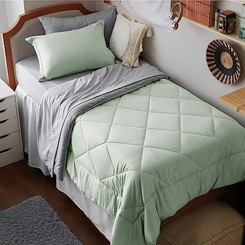 Image of Bedsure Twin XL Comforter - 5 Pieces Reversible Sage Green Bed in a Bag, Twin XL Bedding Comforter Set College Dorm Essentials with 1 Flat Sheet, 1 Fitted Sheet, 1 Pillowcase and 1 Pillow Sham