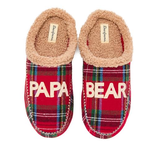 Dearfoams Mens Matching Family Holiday Papa Bear Sherpa Lined Moc Toe With Embroidery Slipper Plaid M