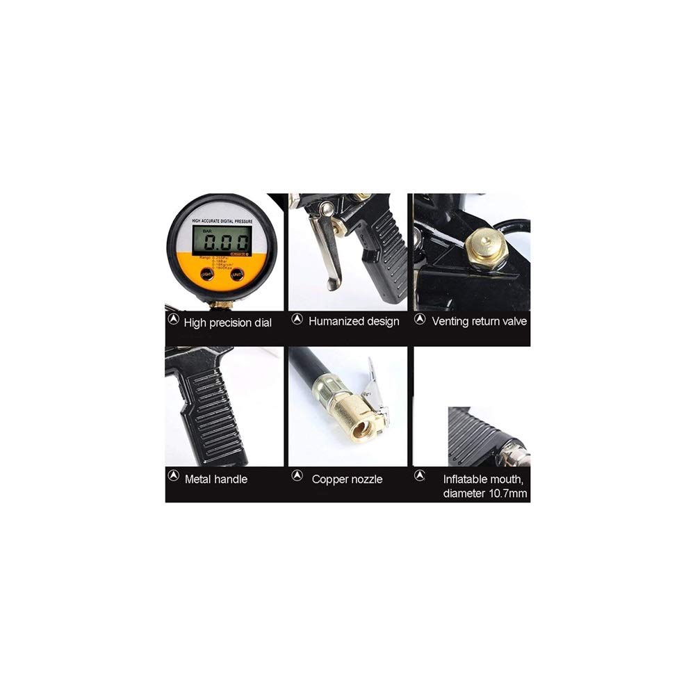 Gonfiatore digitale per manometro per pneumatici, accessori per compressore a mandrino ad aria per gonfiaggio pneumatici da 220 PSI con tubo in gomma a 360° per auto, bici, camion, camper e moto