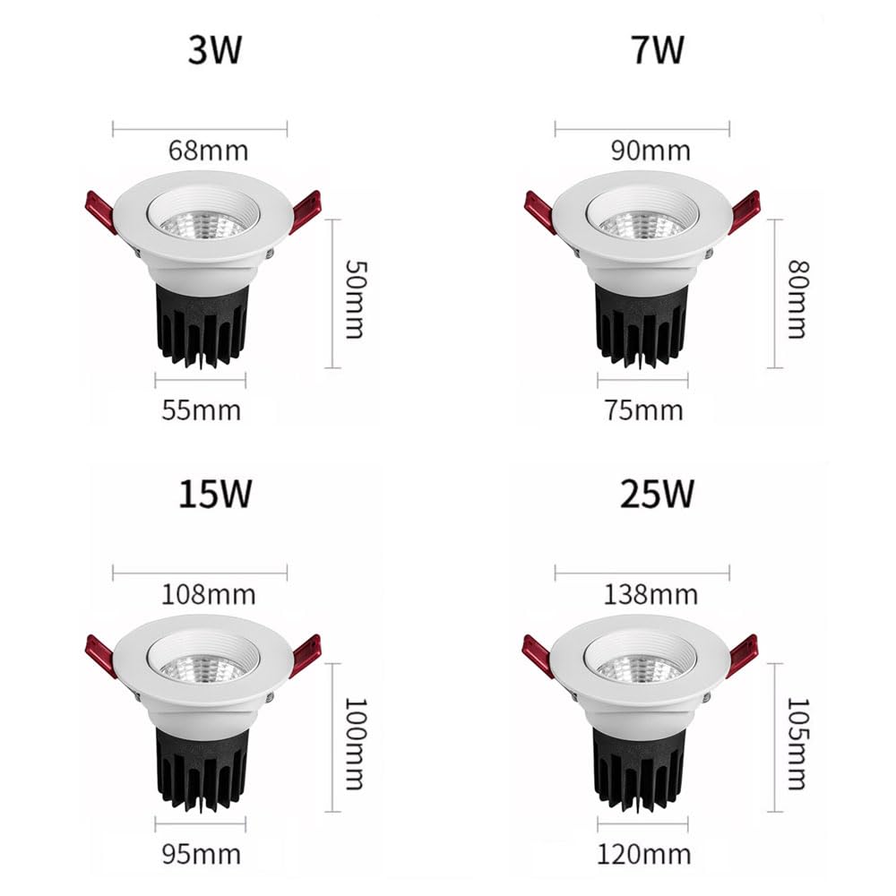 Paquete De 15 Focos Led Empotrables COB De Ángulo Ajustable De 3W/7W/15W/25W, Focos Led Empotrables Profundos Antideslumbrantes para Techo De Sala De Estar, 3000K/4000K/6,6000k-25W