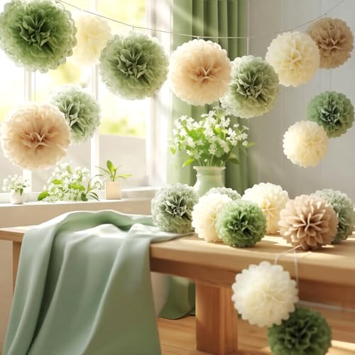 Image of Olive Sage Green Tissue Paper Pom Poms Safari Jungle Party Decorations Paper Flowers Decorations Natural Green Boho Hanging Decor for Birthday Baby Shower Bridal Wedding Party Supplies