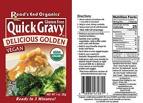 Image of Roads End Organics Gravy Variety Pack ~ Includes (4) Shiitake Mushroom Gravy Mix, 1 Oz, (4) Savory Herb Gravy Mix, 1 Oz and (4) Golden Gravy Mix, 1 Oz ~ Gluten Free, Vegan Gravy Mix Packets