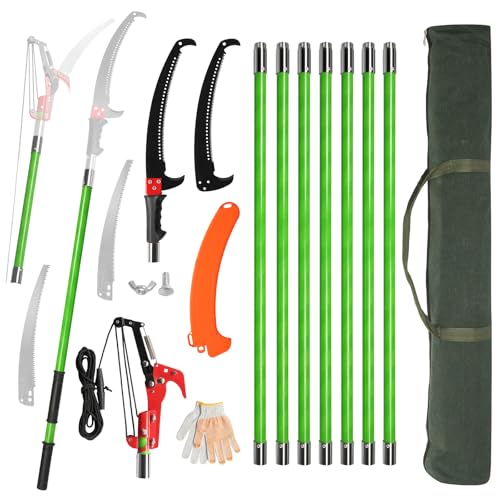 WISLAS Manual Pole Saw for Tree Trimming 30ft Extendable Tree Pruner Sharp Steel Saw Blade & Scissors High Tree Branch Cutter with Lightweight Fiberglass Poles for Pruning Palms and Shrubs Green