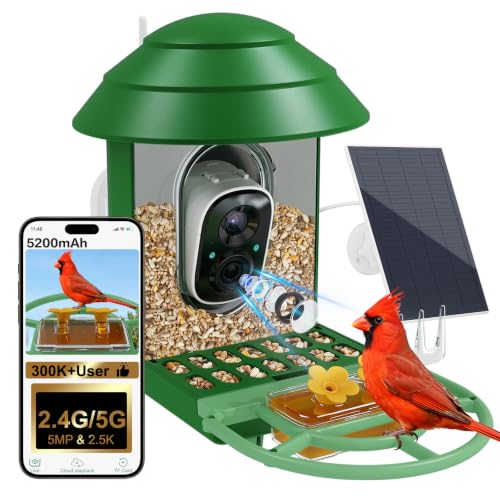 Birdigmar Bird Feeder with Camera Solar Powered 5GHz/2.4GHz WiFi 2.5K UHD Video & AI Identification Bird Feeders for Outdoors Weatherproof ldeal Gift for Bird Lovers Green