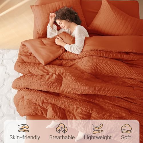 Image of MUXHOMO 7 Pieces King Comforter Set, Seersucker Bed in a Bag King Size, All Season Luxury Bedding Set with Comforter, Flat Sheet, Fitted Sheet, Pillowcases & Shams, Burnt Orange