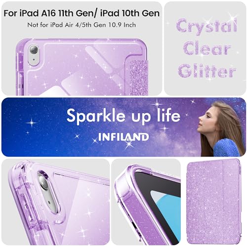 INFILAND Compatible with iPad A16 11th Generation 11 Inch 2025 Case, iPad Case 10th Generation 10.9 Inch, Glitter Cover with Sparkly Clear Back, Pencil Holder, for Kids Girls (Pale Violet)