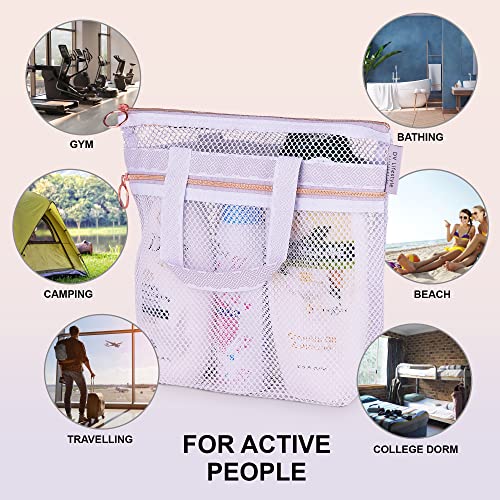 Mesh-Shower-Bag-102x99-Quick-Dry-Caddy-with-Zipper-2-Pockets-Portable-Toiletry-Tote-for-Bathroom-Gym-Travel-Camp-Beach-for-Sunscreen-Dorm-College-Essentials-Light-Gray