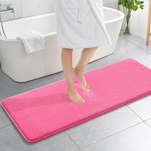 Image of OLANLY Thick Memory Foam Bathroom Runner Rugs 59x20, Extra Soft Absorbent Long Bath Rug, Quick Dry, Non-Slip, Machine Washable Bath Mats for Bathroom, Tub and Shower, Home Decor Accessories, Hot Pink