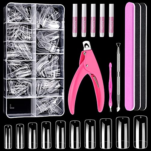 Clear Acrylic Nail Tips, MORGLES 500pcs Clear Nail Tips Fake Nails Half Cover Square Nail Tips French Nail Tips Nail Clipper Files and Glues Cuticle Fork for Nail Art Salon Home DIY