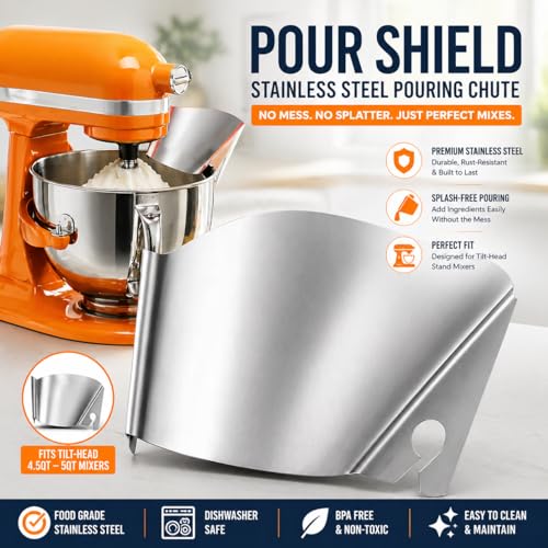 Stainless Steel Pouring Shield for KitchenAid Stand Mixer Bowls - No Spill Pouring Chute and Splash Guard - Easy Flour and Liquid Pouring Guide - Dishwasher Safe — view 4