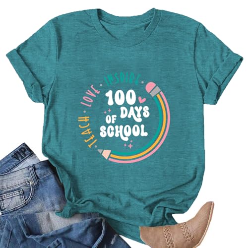 Image of 100th Day of School Shirt for Women Teacher Graphic T-Shirt Funny Teach Short Sleeve Tee Tops