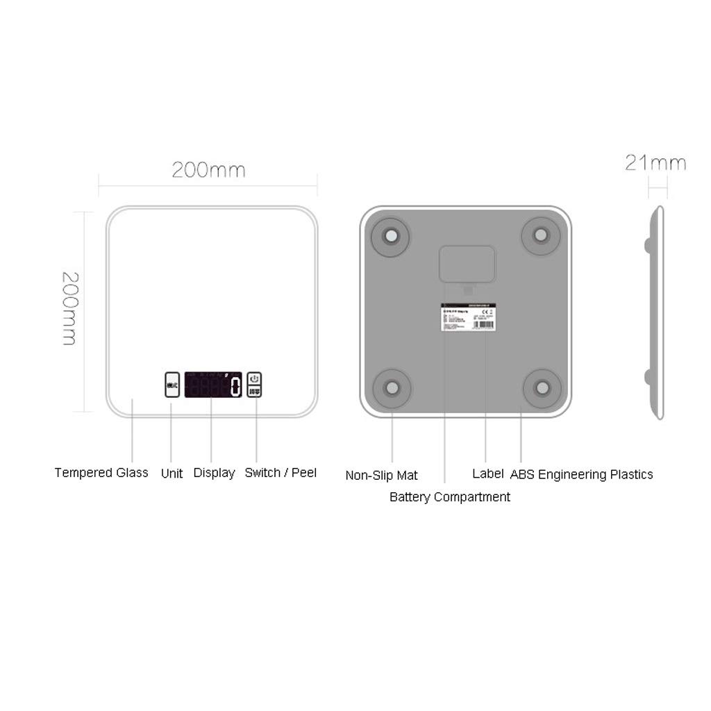 Balanzas para pesar alimentos, Báscula de cocina electrónica a prueba de agua, báscula de pesaje de alimentos súper delgada/báscula digital - Plataforma de vidrio templado (Color : White, Size : 5KG/1