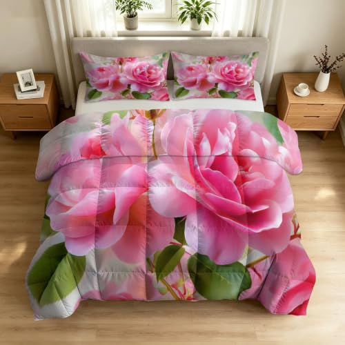 Edredón reversible de flores 200x200 cm con fundas de almohada rosa 2