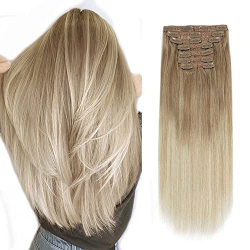 Sixstarhair Remy Hair extensions clip in Human Hair Balayage Hair Clip Extensions Balayage Ash Brown Fading to Dirty Blonde and Ash Blonde 140g Full Pack [B8-18-60# 16inch]