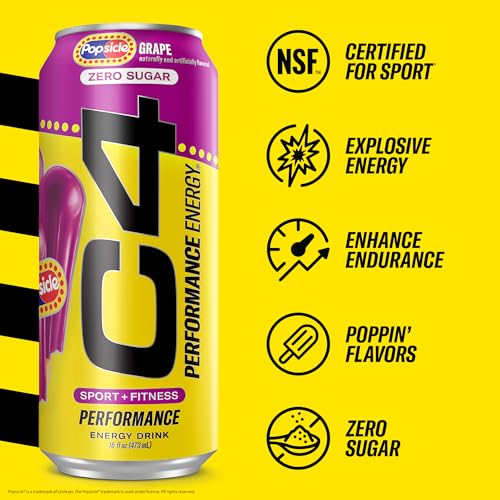 Image of C4 Performance Energy Drink, Grape Popsicle, Zero Sugar Carbonated Preworkout Energy, 200mg Caffeine with Beta Alanine, 16 Fl Oz (12 Pack) | Carbonated, Pre Workout, Performance Drink, no Artificial Colors, no Dyes