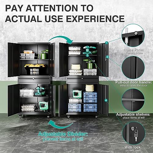 Image of Metal Garage Storage Cabinet with Wheels and Drawer,73 inch Tall Black Rolling Garage Cabinet with Locking Doors and Adjustable Shelves,Mobile Metal Storage Cabinets on Wheels for Home,Office,Garages,Tool