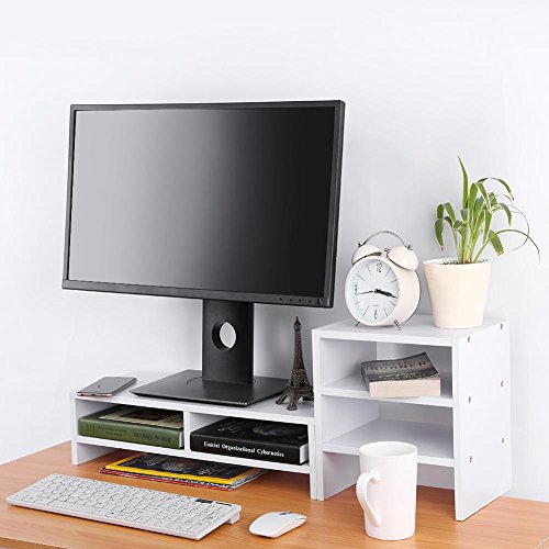 lyrlody Monitor Stand, Wooden PC Laptop Computer Screen Riser Desk Storage Desktop Screen Rack Notebook TV Organizer Shelf with 3 Layer Shelves for Home Office,50 x 20 x 13.2cm(White)