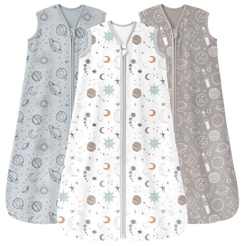 Image of Unnivoll Baby Sleep Sack 6-12 Months 3 Pack 100% Cotton Lightweight 0.5 TOG Wearable Blanket Baby Sleep Bag with 2-Way Zipper for Newborn Infant White Gray Blue Space