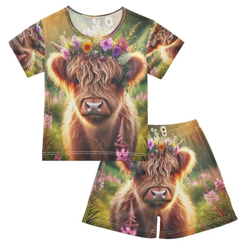 Flowers Highland Cow Pajama Set Short Sleeve PJS 2 Piece Summer Pajamas Shorts Sets Cotton 5Y