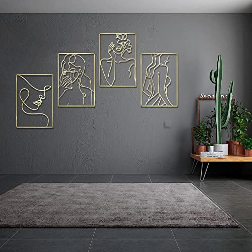 4 Pieces Gold Metal Wall Art Decor, Minimalist Abstract Woman Wall Art Line Drawing, Woman's Face Shape Metal Wall Art, Single Line Metal Wall Art, Home Hanging For Bedroom Bathroom Living Room #TOP6