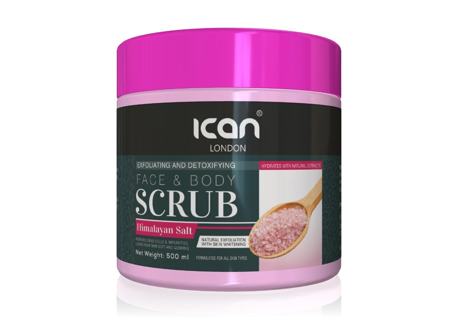 Ican London Himalayan Salt Face and Body Scrub, Exfoliating and Detoxifying, 500ml