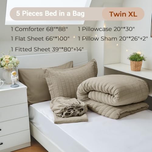 Image of MUXHOMO 5 Pieces Twin XL Comforter Set, Seersucker Bed in a Bag Twin XL Size, All Season Luxury Bedding Set with Comforter, Flat Sheet, Fitted Sheet, Pillowcase & Sham, Linen