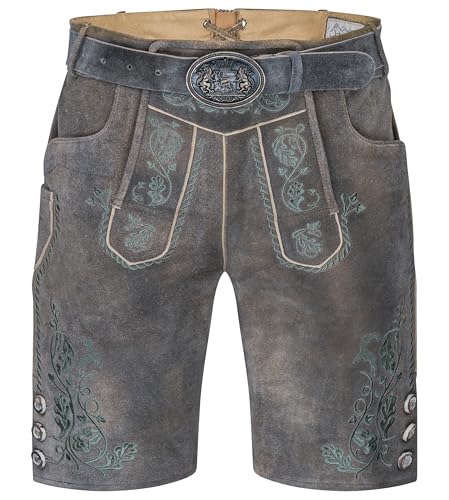 Schöneberger Trachten Couture Herren Lederhose kurz mit Trachtengürtel – Traditionelle bayerische Trachtenhose für Oktoberfest braun aus Original Nubukleder Antik Moosbach (50)