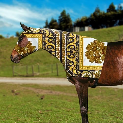 Image of Horse Slicker Hood with Zipper: Snug Fit, No-Ears Design, and Extra Large Eye Holes for Face, Shoulders, Mane, Chest, and Withers - Perfect for Show-L(Black Gold