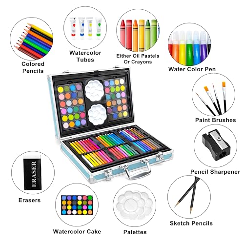 Image of VGRASSP Unicorn Theme 145 Pcs Drawing and Painting Kit Toy for Kids, Boys, Girls - Portable School Stationery Set with Color Sticks, Watercolors, Color Pencils, Sketch Pens