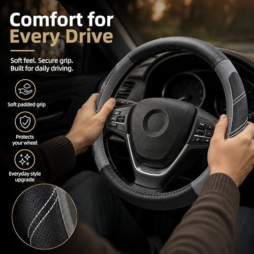 Image of Elantrip Leather Large Steering Wheel Cover 14 1 /2 inch to 15 inch Universal, Soft Grip Breathable for Car Truck SUV Jeep Anti Slip Gray