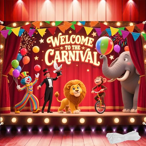 Welcome to the Carnival Banner Large 82x60 Inch Carnival Backdrop with 19.69ft Ribbon Double-Stitched Circus Backdrop for Carnival Theme Party Birthday Decorations Photo Booth Props