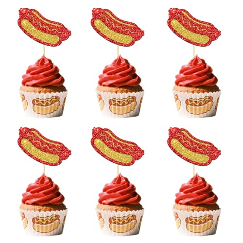 BOBYIYI 24pcs Hotdog Cupcake Toppers Hotdog Bar Theme Birthday Decorations