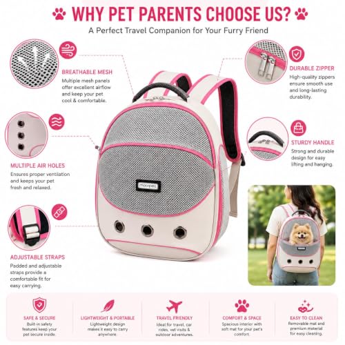 Image of Large Cat Backpack Carrier ExpandablePet Carrier Backpack for Small Medium Cats Fit Up to 18 Lbs, Foldable Puppy Backpack Carrier for Travel,Hiking (White, Pink)