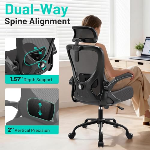 Image of AreShark Office Chair - Ergonomic Desk Chair Breathable Mesh Chair with 2D Headrest & Adjustable Lumbar Support - Executive High Back Rolling Swivel Computer Gaming Chair with Wheels Flip-up Armrests