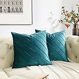 GIGIZAZA Decorative Velvet Pillow Covers 20x20, Set of 2 Teal Green Sofa Couch Throw Pillows Covers Cases, Living Room Square Cushion Accent Stripe Covers