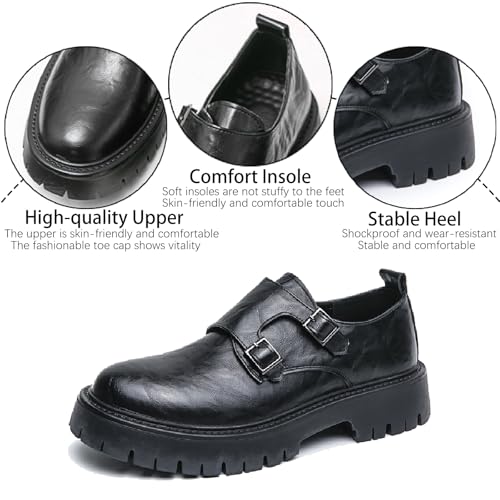 Men's Leather Buckle Strap Platform Loafers Classic Round Toe Anti-Slip Lug Sole Chunky Slip-On Loafers for Business Office Formal Shoes3
