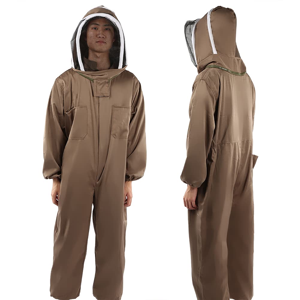 Tuta protettiva da apicoltura marrone chiaro – Grembiule traspirante monopezzo con velo HD e cerniera – Attrezzatura da apicoltura in morbido poliestere e cotone per hobbisti (XL)