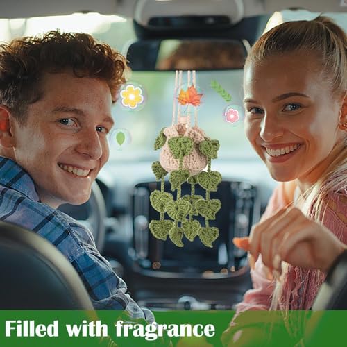 Image of Crochet Hanging Plant Car Air Freshener,10ml Empty Refillable Car Diffuser Bottle with Potted Plants Car Mirror Hanging Accessories Car Air Hanging Fragrance Oil Diffuser (Leaves)