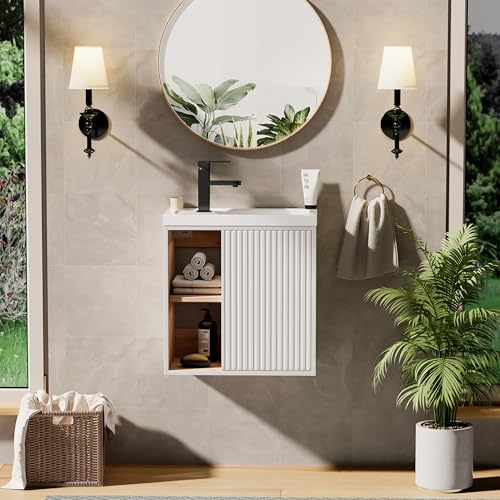 UEV Meuble Lave-Mains Mural, Meuble Lavabo Suspendu, Lavabo en Résine, Espace de Rangement Caché/Ouvert, Motif de Ligne, 51 x 30,5 x 54 cm, Blanc