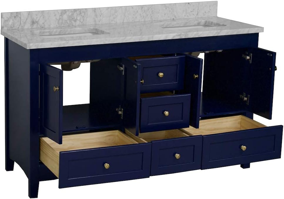 Kitchen Bath Collection Abbey 60-inch Double Bathroom Vanity (Carrara/Royal Blue): Includes Royal Blue Cabinet with Authentic Italian Carrara Marble Countertop and White Ceramic Sinks