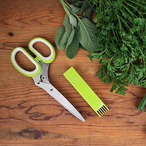 Rsvp International (Snip) Stainless Steel 5 Blade Herb Scissors, Green/White | Cut, Chop, Mince & Snip Herbs | Easy & Safe To Store | Use With Basil, Thyme, Parsley & More | Dishwasher Safe #TOP2