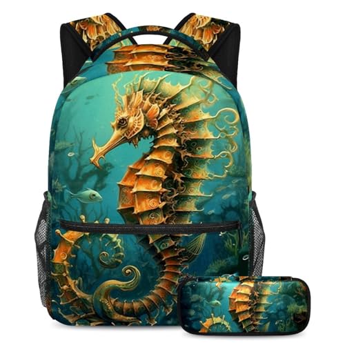 Sac à dos hippocampe bleu avec trousse assortie grand format pour l'école