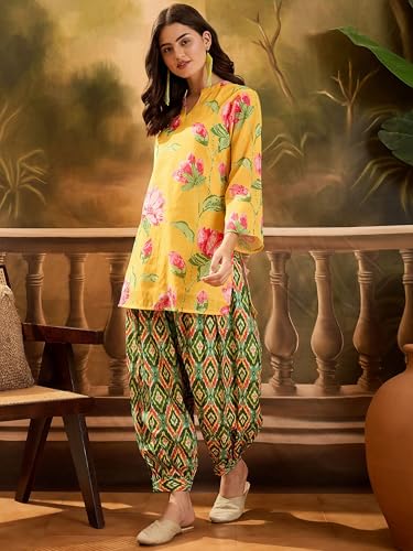 Image of EthnicJunction Women's Linen Floral Print Summer Wear Straight Short Kurti with Afghani Pant Set | Co Ord Set for Women Stylish | Fusion wear Women