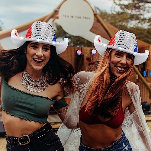 Image of Wesiti Light Up Red White and Blue Patriotic Cowboy Hats, LED American Sequin Cowgirl Hat, 4th Of July Sparkly Cowboy Hats for Women and Men Western Independence Day Party Supplies(12 Pcs)