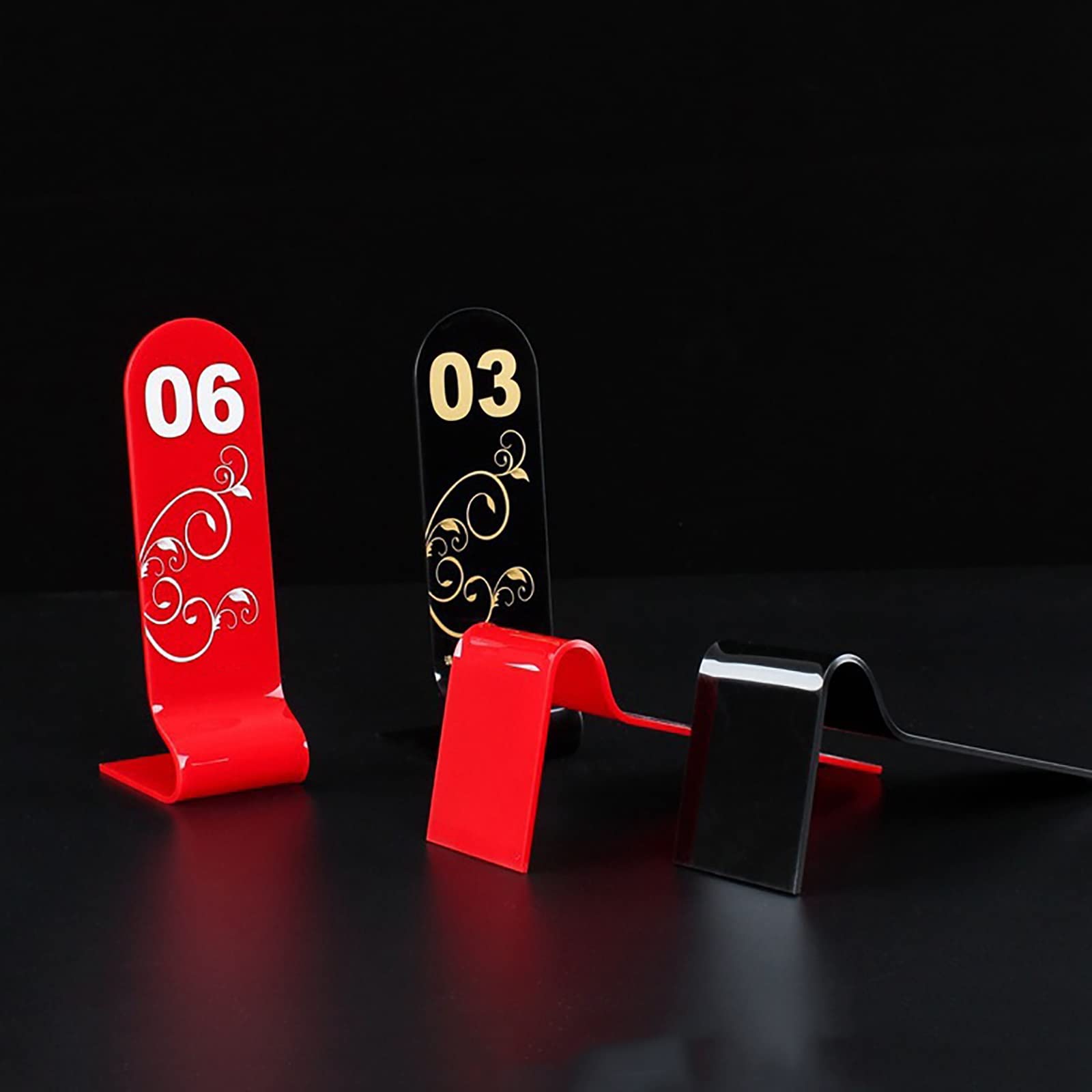 Acryl, doppelseitig nummeriert, stapelbar, Restaurant-Tischnummern, Tischkarten, Blumenmuster, rote Zahlen, Schilder, für Hochzeiten, Cafés, Bars, Tischkarten (Color : 1 to 50, Size : L:20cmxW:6cm)