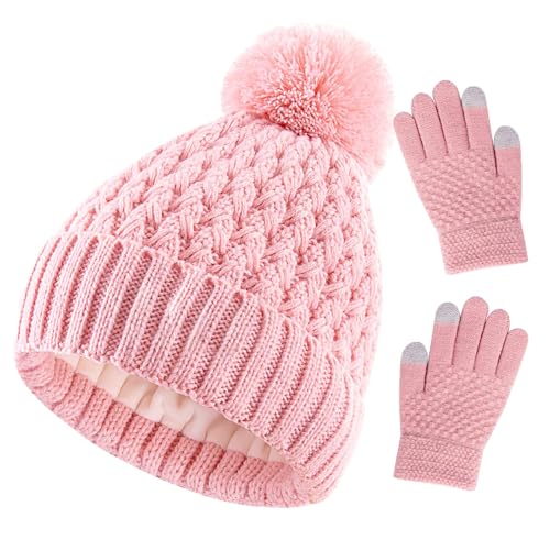 Kids Winter Hat and Gloves Set, Girl Warm Knit Beanie with Pom Fleece Lined for Toddler Boys Girls 1-6 Years